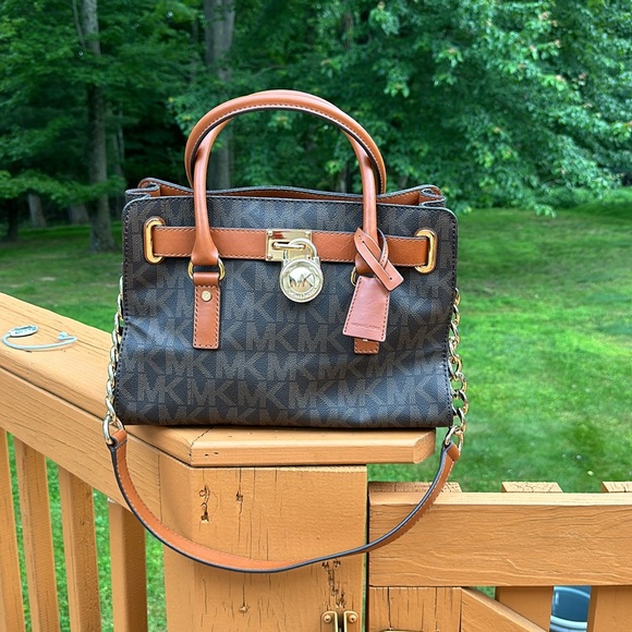 Michael Kors Hamilton Satchel Bag with Gold Chain - Brown - Picture 2 of 15